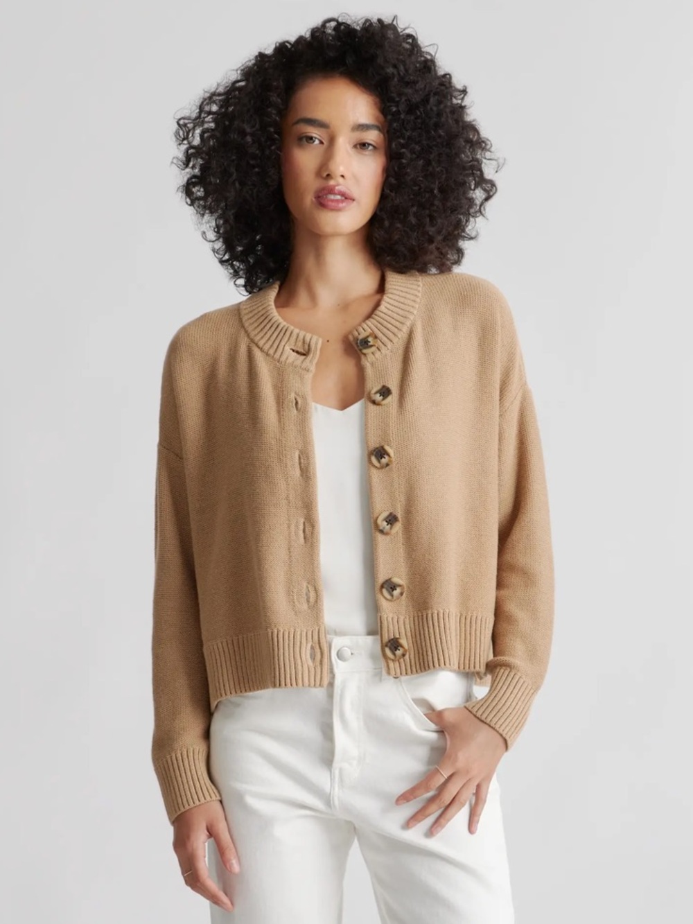 Quince Women’s 100% Organic Cotton Cropped Cardigan Camel Color Size Small - Picture 2 of 10